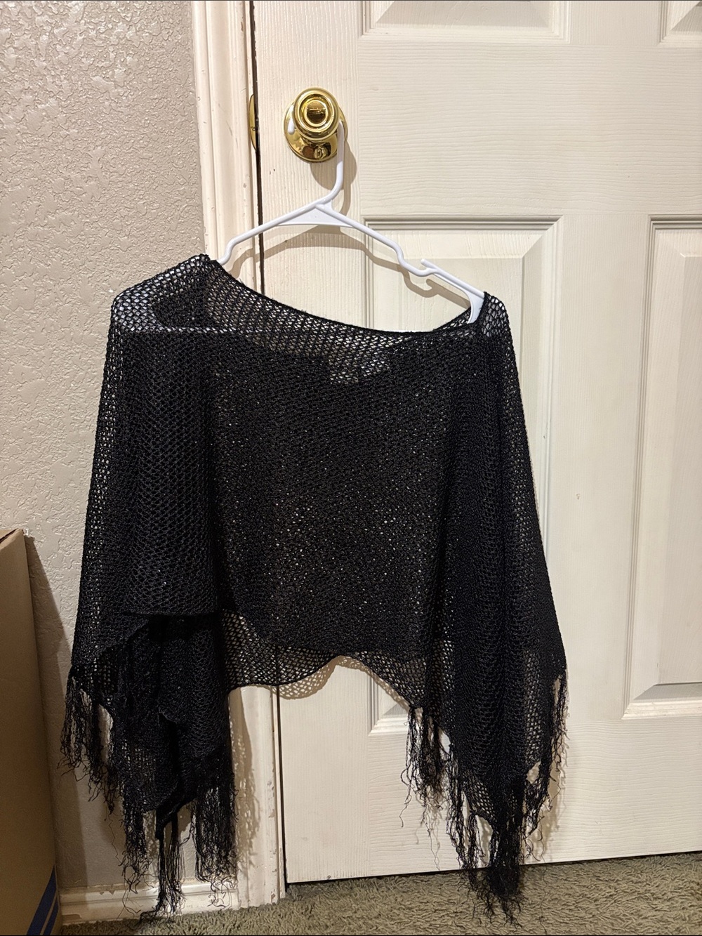 Black Fringe Knit Poncho Sweater - Women